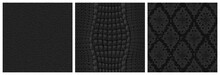 Black Animal Skin Seamless Textures For Game, Textile Or Wallpaper. Realistic 3d Vector Repeated Patterns Of Snake, Crocodile And And Leather. Fabric Backgrounds Of Natural Or Artificial Reptile Skins