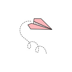 Wall Mural - Paper airplane vector icon. Doodle outline style pink color paper airplane. Simple origami aircraft element. Drawing doodle vector illustration.