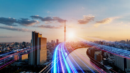 Leinwandbilder - 都市を走る光線　未来へと続く道　進歩　前進