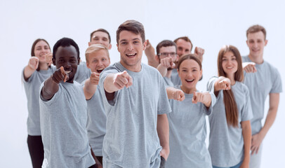 group of confident young men pointing at you