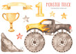 Monster truck black watercolor with fire, SUV, truck, goblet, ribbon, stars, dirt