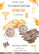 Watercolor children's birthday party invitation with yellow monster truck, winner cup, flag, fire