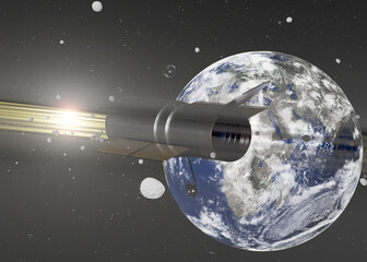 Wall Mural - space telescope hubble near the earth planet and rocks in outer space with lens flare fron the sun. 