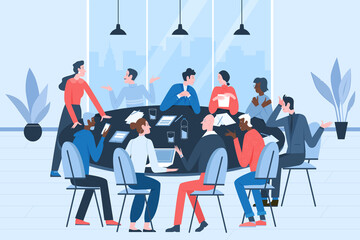 Cooperation of business people on conference or dispute. Team of employees sitting at round table together and discussing ideas or brainstorming flat vector illustration. Teamwork, brainstorm concept