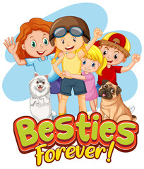 Canvas Print - Besties Forever typography logo with children cartoon characters