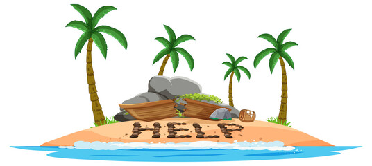 Wall Mural - deserted island with broken boat lying on the beach