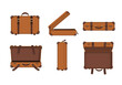 set of brown leather suitcases in different angles in flat style