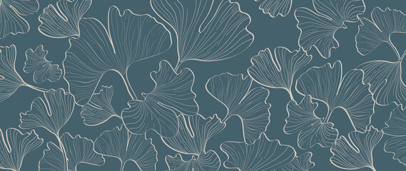 Abstract ginkgo leaf on blue background. Nature wallpaper of ginkgo leaves, biloba plants in white line art pattern. Hand drawn design for banner, covers, wall art, home decor, fabric and design.