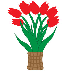  
Set of red tulips in a basket, white background, beautiful gift for loved ones, digital drawing, vintage illustration