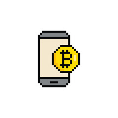 Wall Mural - pixel  Bitcoin sign with mobile phone icon. Cryptocurrency symbol. cryptocurrency icon.  pixel art blockchain-based secure cryptocurrency.  sign for 8 bit game