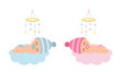 Cute sleeping baby boy and girl for gender reveal party. Flat vector cartoon design
