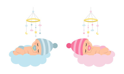 Wall Mural - Cute sleeping baby boy and girl for gender reveal party. Flat vector cartoon design