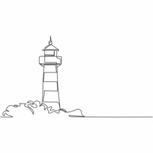 Continuous One Simple Single Abstract Line Drawing Of Lighthouse Icon In Silhouette On A White Background. Linear Stylized.