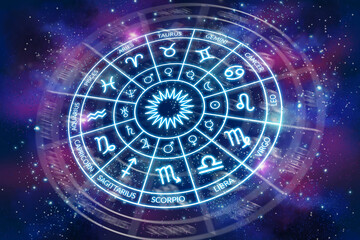 Wall Mural - Zodiac circle with planets signs on the background of the dark cosmos. Astrology. The science of stars and planets. Secret Esoteric Science