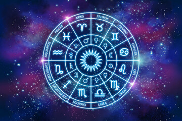 Wall Mural - Astrology. Zodiac circle on the background of a space. The science of stars and planets. Esoteric knowledge. Ruler planets. Twelve signs of the zodiac