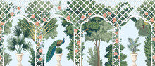 Park Vintage Botanical Landscape, Gallery, Pergola, Peacock Bird, Trees, Bush, Roses Seamless Border Blue Background. Garden Mural.