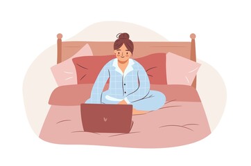 Girl using laptop in bed wearing pajamas. Empowered business woman or freelancer working on computer at home. Flat vector illustration.