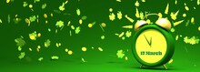St. Patricks Day Greeting Card Template. Shamrock Leafs And Golden Coins. Ringing Alarm Clock. 3D Render