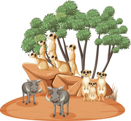 Sticker - Isolated savanna forest with meerkat and boars