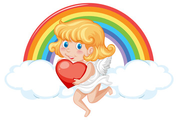 Poster - Angel girl holding red heart on rainbow background