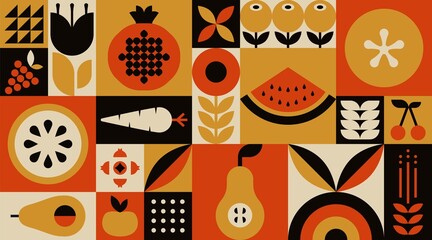 Wall Mural - Organic fruit vegetable geometric pattern. Natural food background simple swiss bauhaus style, agriculture vector design