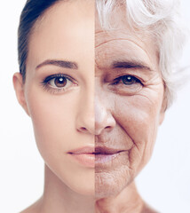 Poster - Same Person - 50 Years Apart. Cropped composite image of a woman when she was young and old.