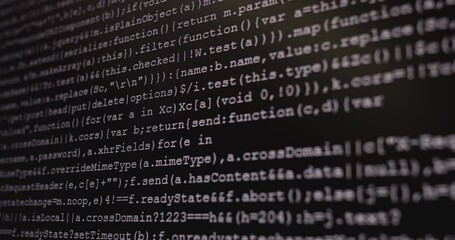 Wall Mural - 4k close up shot programming tag code on pc monitor scroll down. background concept for programming 