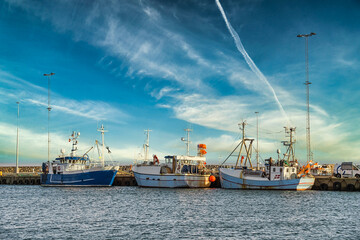 Poster - Fishing vessels boats in Hanstholm harbor harbour at the North Sea coast in Denmark