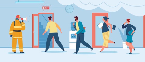 Emergency evacuation procedure, evacuating people burning office building. Firefighter with megaphone, fire safety training vector illustration. Emergency evacuation in doorway, exit and run away