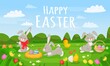 © Frogella.stock - Cartoon spring landscape with cute easter bunnies and eggs. Happy easter card, springtime meadow scenery with flowers vector illustration. Spring rabbit easter, bunny and flower