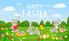 Cartoon Spring Landscape With Cute Easter Bunnies And Eggs. Happy Easter Card, Springtime Meadow Scenery With Flowers Vector Illustration. Spring Rabbit Easter, Bunny And Flower