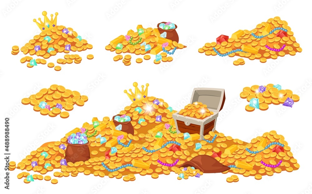 Cartoon treasure piles coins, jewels, gems and gold bars. Pirate ...
