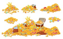 Cartoon Treasure Piles Coins, Jewels, Gems And Gold Bars. Pirate Treasures, Pile Of Gold, Precious Stones, Wooden Chest, Crown Vector Set. Illustration Of Golden Pile, Gold Medieval Pirate Abundance