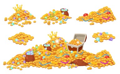 Wall Mural - Cartoon treasure piles coins, jewels, gems and gold bars. Pirate treasures, pile of gold, precious stones, wooden chest, crown vector set. Illustration of golden pile, gold medieval pirate abundance