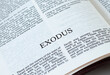 Exodus open Holy Bible Book close-up. Old Testament Scripture. Studying the Word of God Jesus Christ. Christian biblical concept of liberation and departure from Egypt. Ten commandments covenant.
