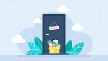 Firing From A Job. A Cardboard Box Full Of Office Stuff. Door With The Inscription Closed. Job Cuts. Dismissal Employee. Unemployment And Jobless Concept. Flat Style Design. Business Illustration