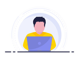 Young man freelancers working on laptop computer. Freelance job concept. Developing programming and coding technologies. Remote work, e-learning, home office, online career. Vector illustration
