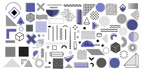 Set of abstract geometric shapes. Collection trendy halftone vector graphic elements. Design elements for magazine, billboard, sale, advertisement, banner, poster, leaflet. Memphis, retro elements