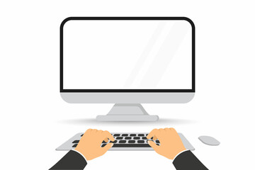 Fototapete - Hands typing on computer. Computer keyboard with blank monitor screen.Work in PC, writing code, planning financial report, online education, conference, coding, watch video, chatting and communication
