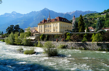 picturesque Merano with the emerald-green Passer river (Italy, Region: Trentino-Alto Adige / Südtirol, Province: South Tyrol)