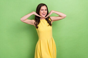 Wall Mural - Portrait of attractive cheerful gorgeous elegant wavy-haired girl posing having fun isolated over bright green color background