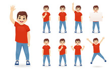 Smiling Cute Little Boy In Different Poses Set. Various Kid Gestures - Thinking, Angry, Crying, Jumping, Welcoming, Holding Empty Blank Board And Making Idea Pointing Up Isolated Vector Illustration