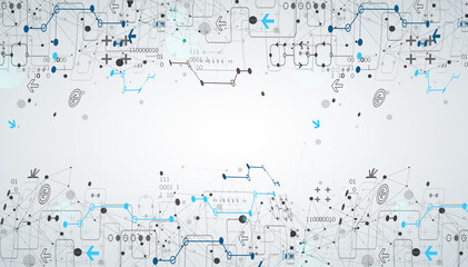 Abstract technology concept with plexus effect. Circuit board, high computer color background. Vector illustration with space for content, web - template, business tech presentation.