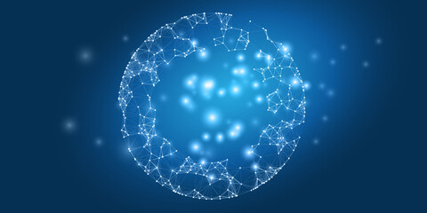 Wall Mural - Blue Futuristic Global Networks Concept with Globe - Abstract Polygonal Digital Connections and Glowing Network Nodes - Future Technology Background, Creative Design Template