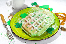 St Patrick`s Holiday Breakfast, Green Belgian Waffle And Green Sugared Hot Chocolate, With Shamrock Clover Decoration, Copy Space