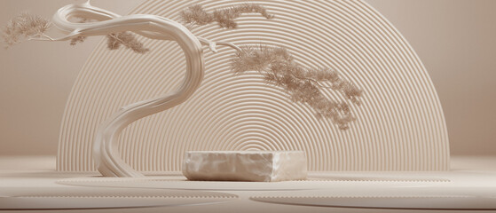 Wall Mural - japanese style minimal abstract background.stone podium and bonsai with brown background for product