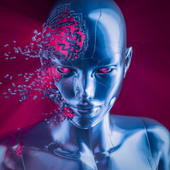 Wall Mural - female artificial intelligence shatter - 3d illustration of beautiful science fiction chrome robot g