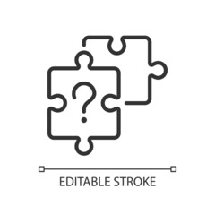 Sticker - Unsolved puzzle linear icon. Jigsaw pieces and question mark. Difficult task solution. Thin line illustration. Contour symbol. Vector outline drawing. Editable stroke. Arial font used