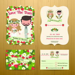 Wall Mural - Strawberry theme wedding couple bride & groom, bohemian summer style, save the date card