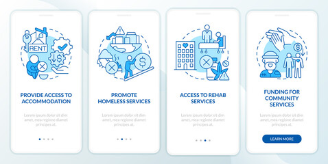 Government supportive programs blue onboarding mobile app screen. Walkthrough 4 steps graphic instructions pages with linear concepts. UI, UX, GUI template. Myriad Pro-Bold, Regular fonts used